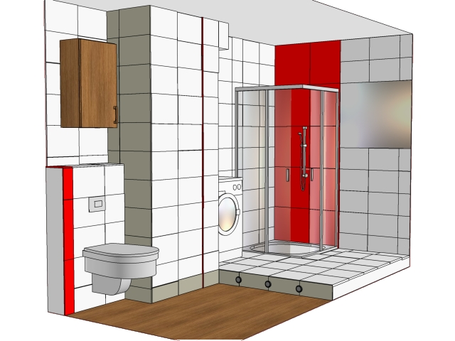projekt długiej łazienki z czerwoną ścianą